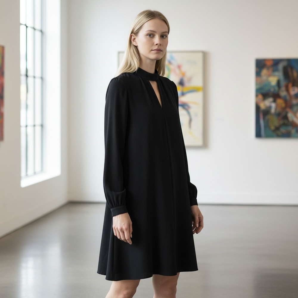White House Black Market‎ Black Keyhole Mock Neck Shift Dress Long Sleeve Size 6